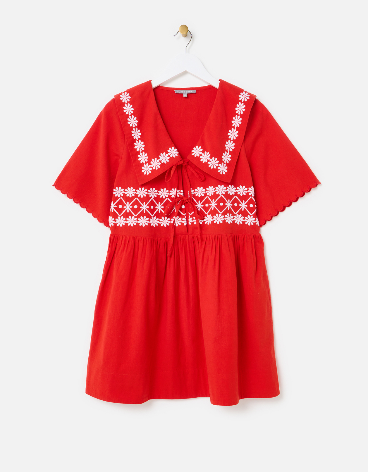 Red Daisy Embroidered Short Sleeve Collar Mini Dress
