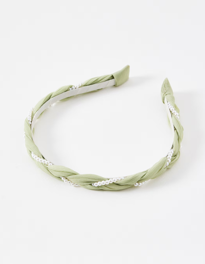 Yvette Sage Green & Faux Pearl Plaited Headband