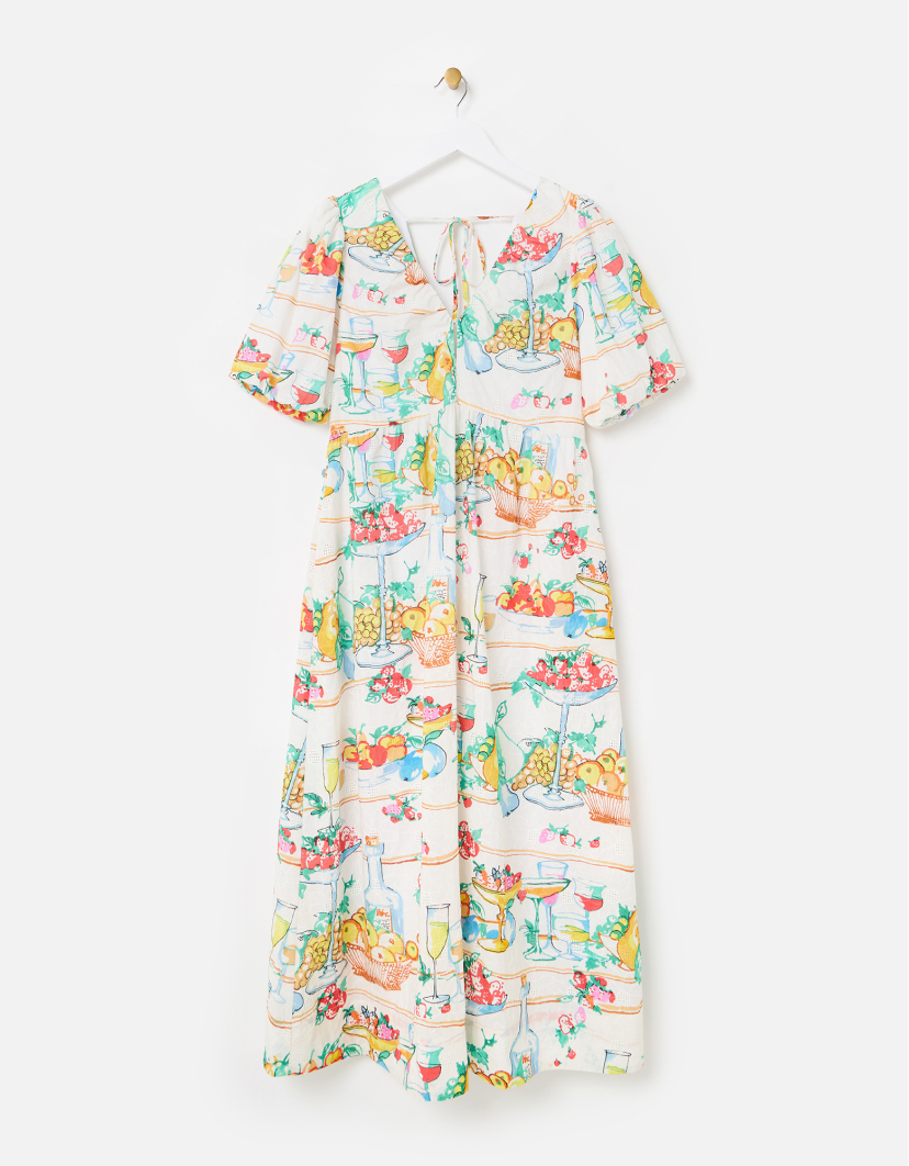 White Floral Embroidered Fruit Print Puff Sleeve Midi Dress