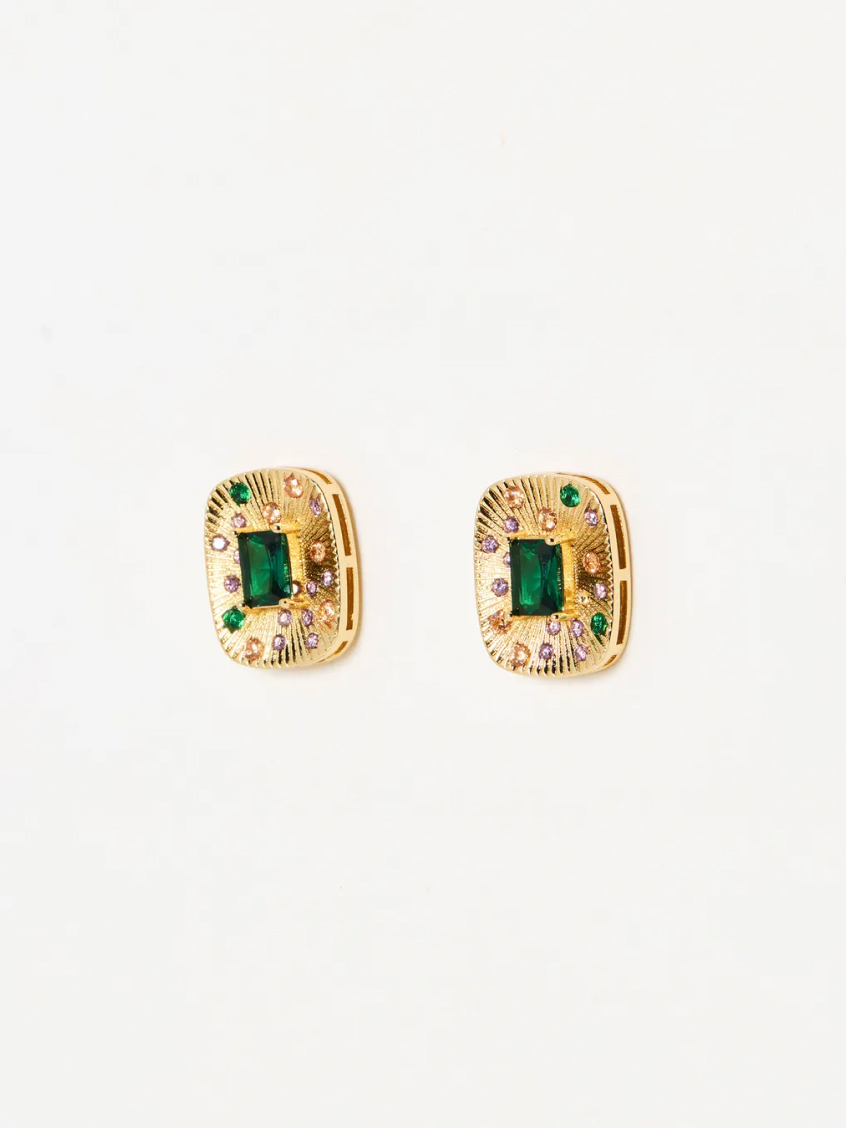 Ardella Rectangular Green Stone Inlay Statement Earrings