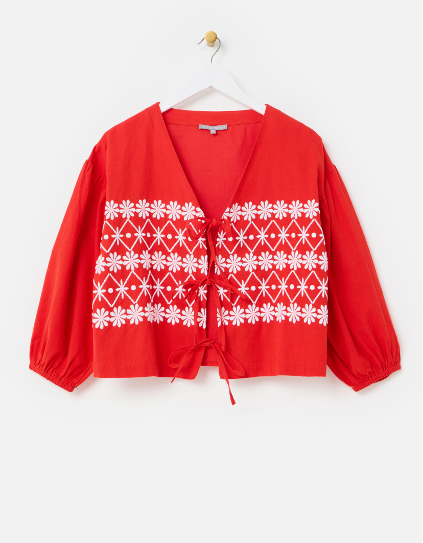 Red & White Floral Embroidered V-Neck Tie Front Blouse