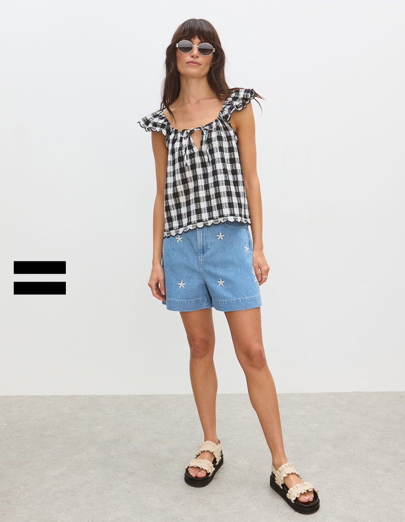Black Gingham Scalloped Frill Blouse