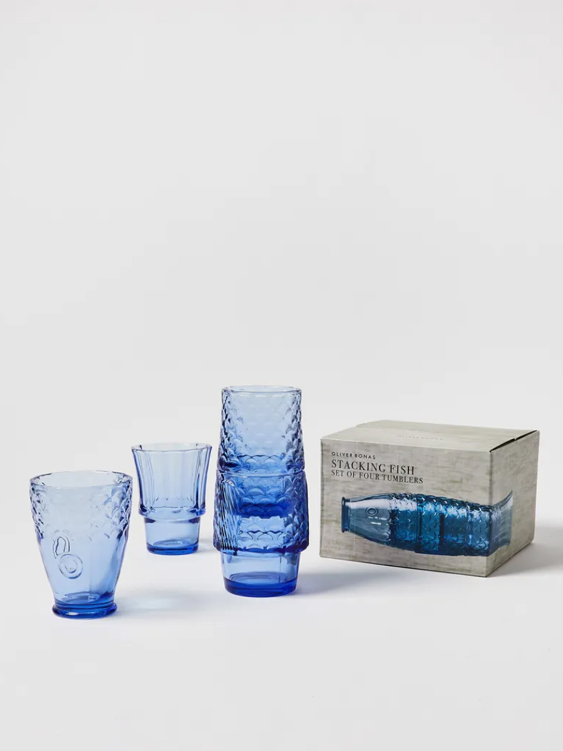 Fish Blue Glass Stacking Tumblers Set of Four