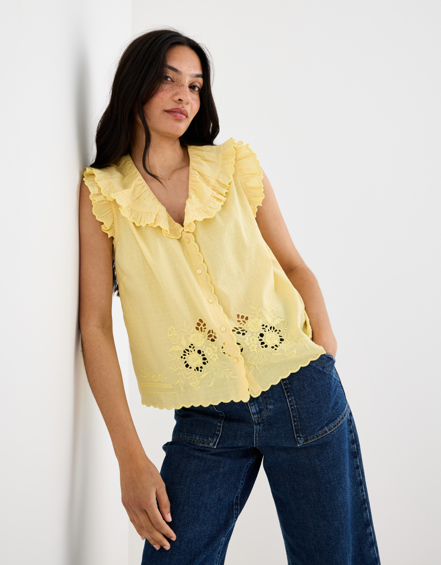 Yellow Floral Cutwork Scalloped Collar Cotton Blouse