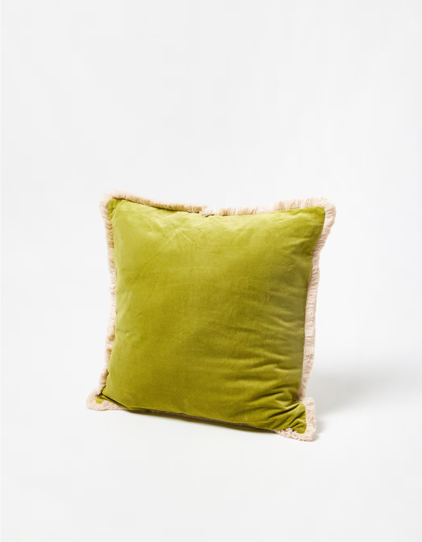 Issey Olive Green Velvet Fringed Cushion Cover 60x60cm