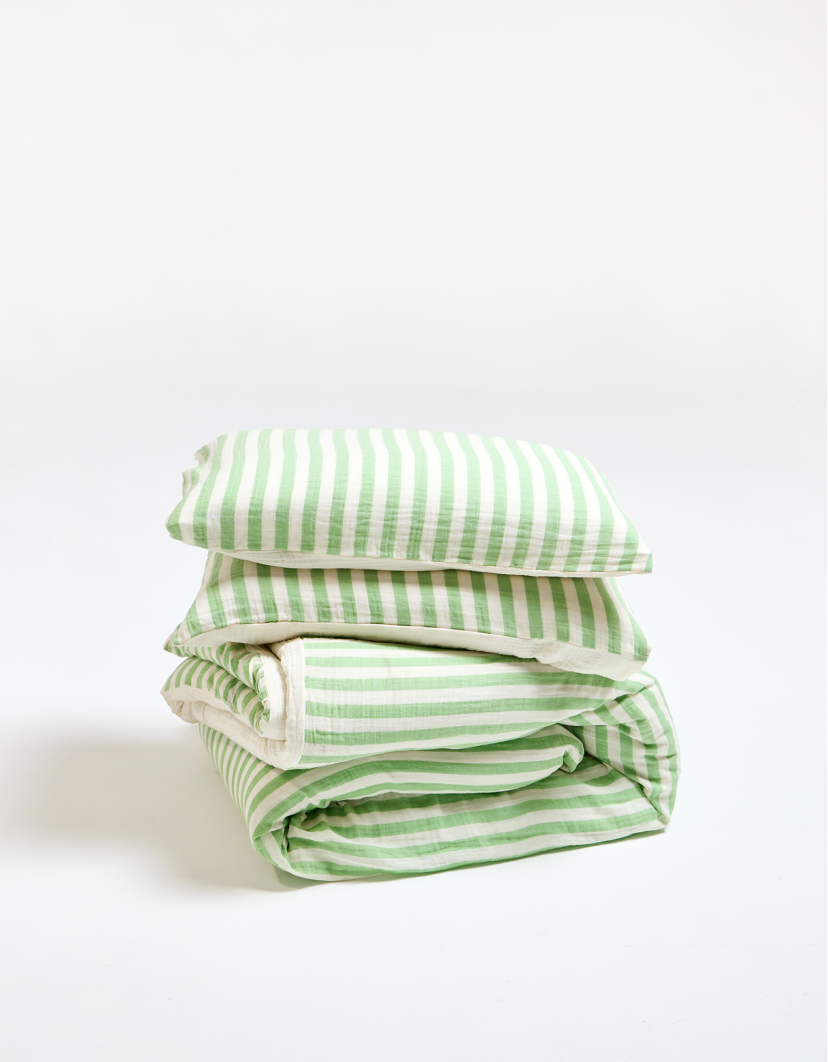 Green Muslin Striped Duvet Cover Set Double