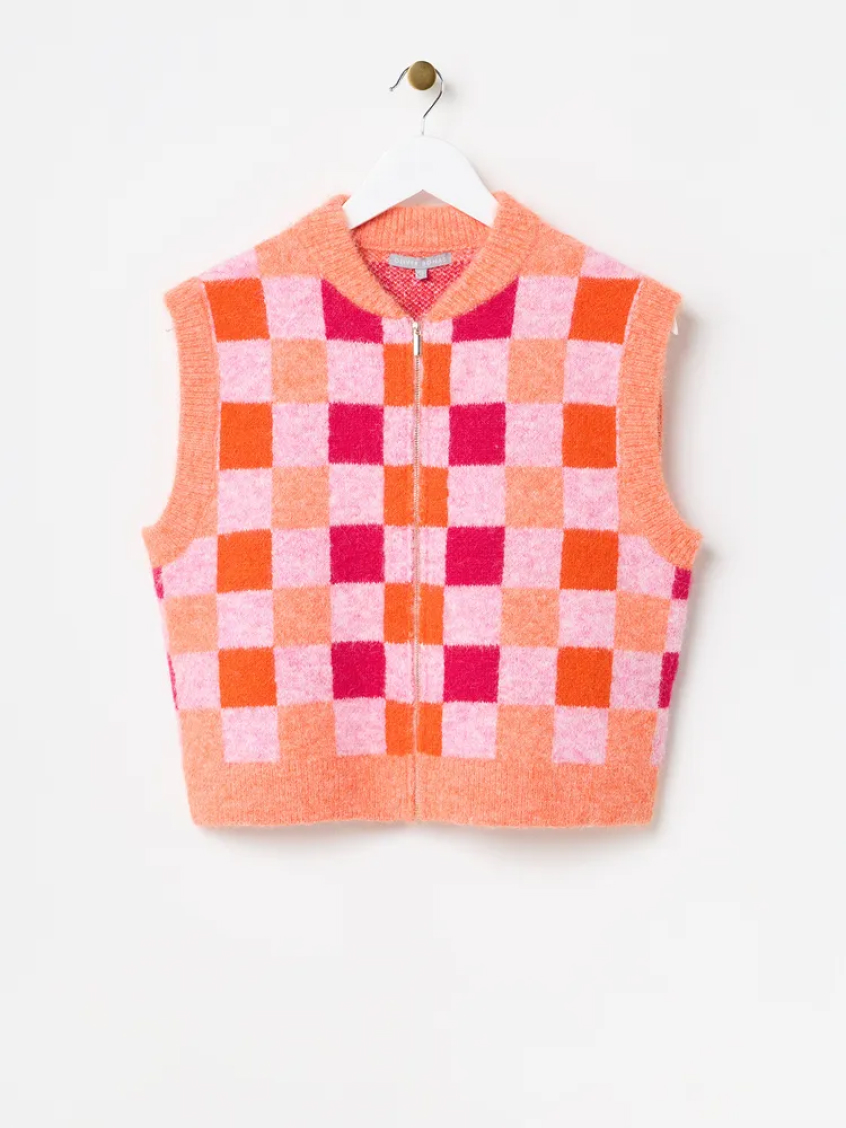 Orange Checked Zip Up Knitted Waistcoat