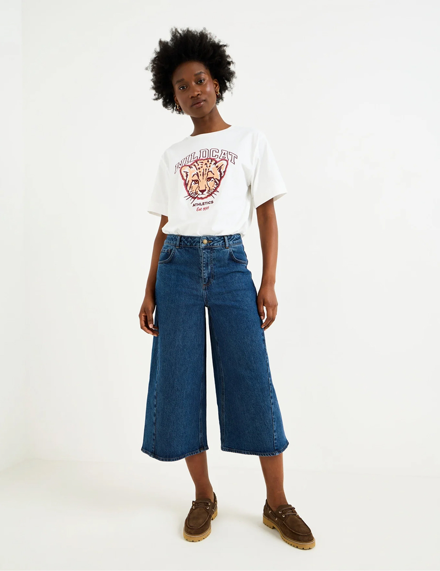 Mid Blue Seam Detail Cropped Wide Leg Jeans