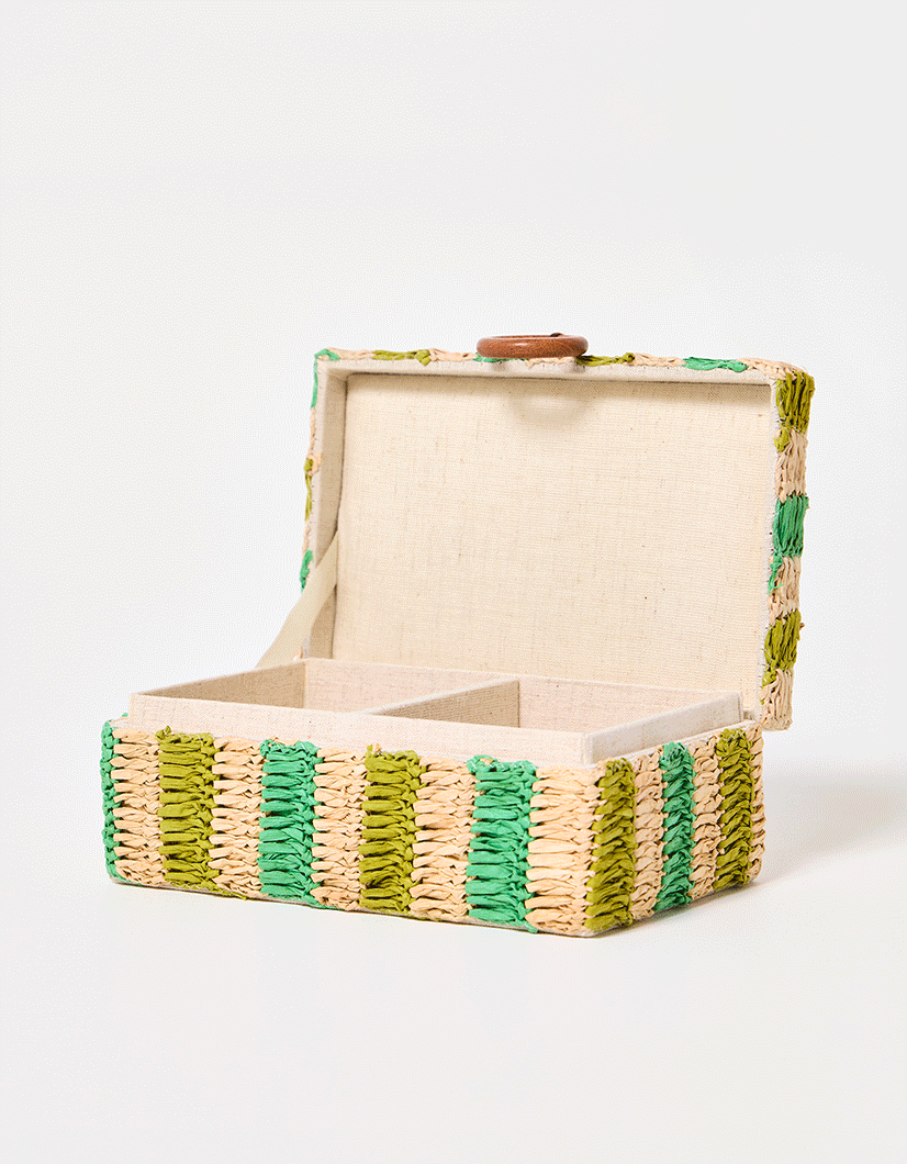 Woven Stripe Green Raffia Jewellery Box