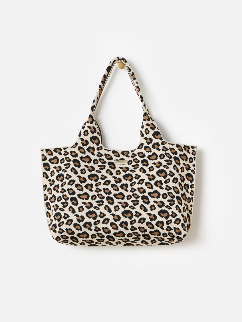 Leopard Print Brown Knitted Tote Bag