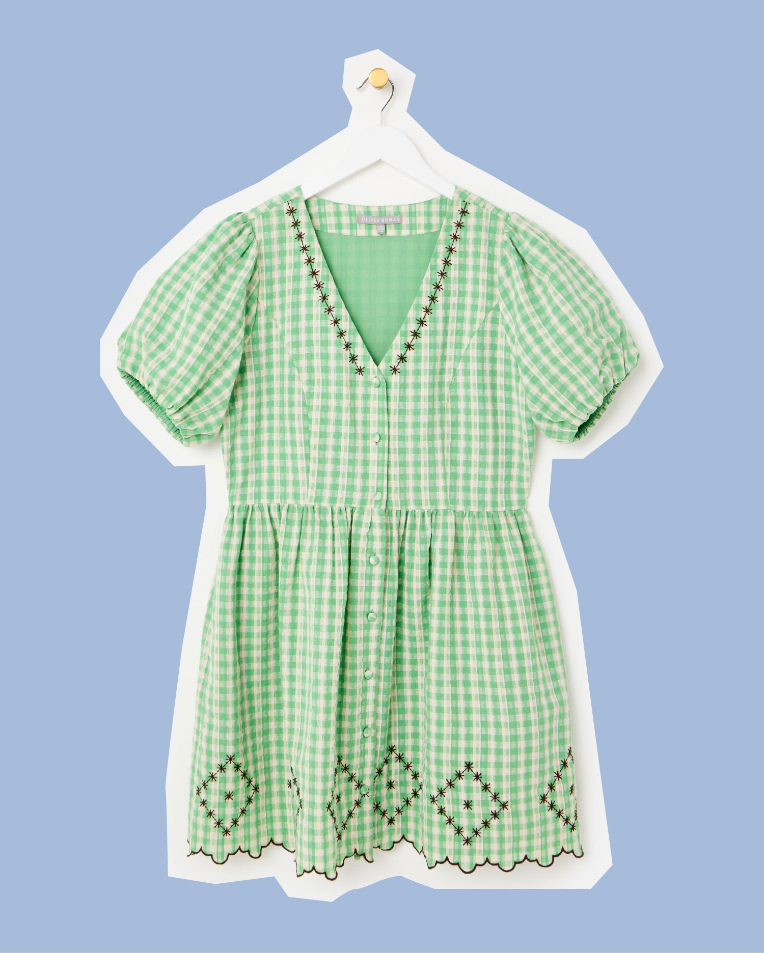 Green & Cream Gingham Embroidered V-Neck Mini Dress
