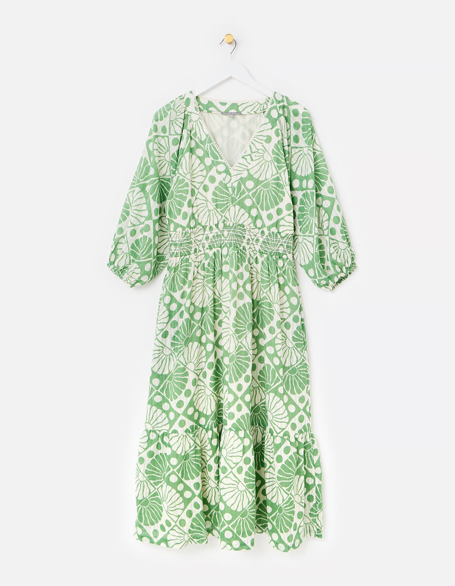 Green & Cream Sun Print V-Neck Tiered Midi Dress