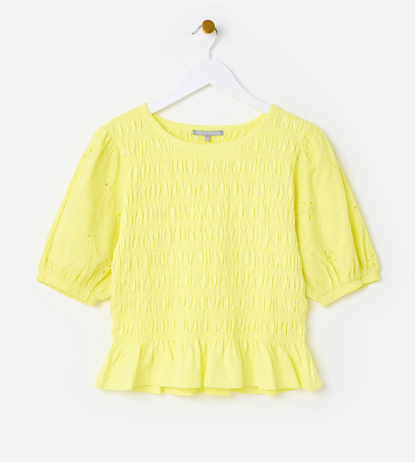 Yellow Shirred Broderie Puff Sleeve Top