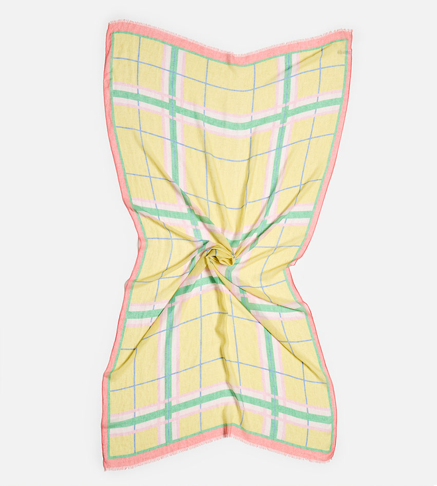 Yellow Checked Linen Blend Lightweight Scarf