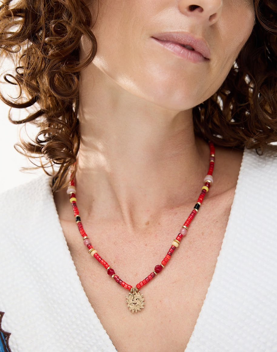 Harriet Red Bead Smiley Sun Charm Necklace