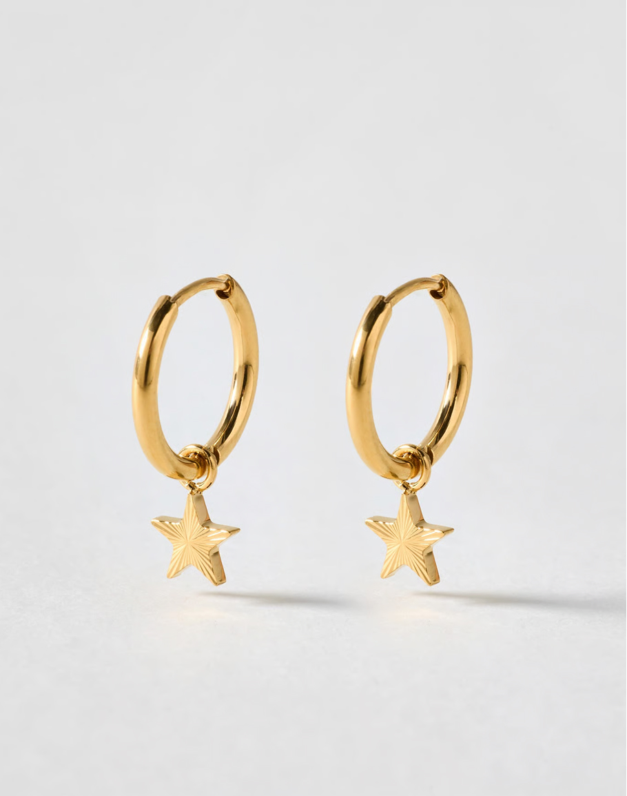Novie Gold Tone Waterproof Etched Star Hoop Earrings