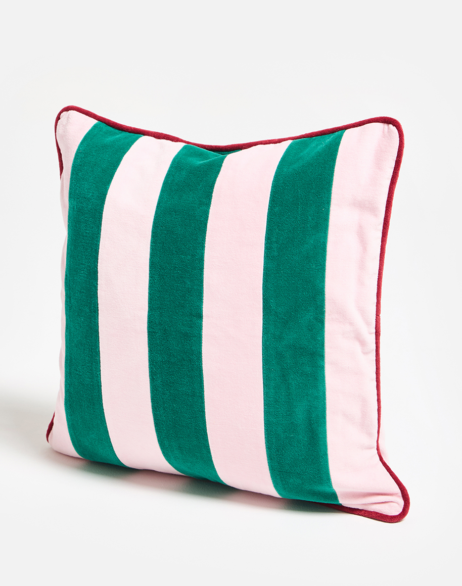 Pink & Green Striped Velvet Cushion Cover 45x45cm