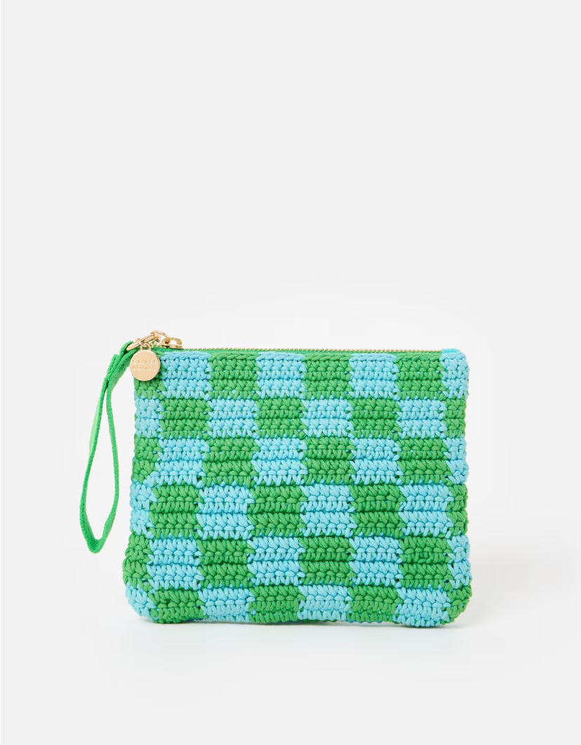 Blue & Green Chequerboard Crochet Zipped Pouch