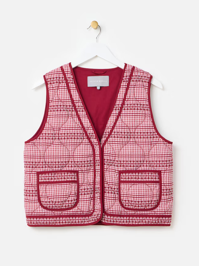 Burgundy & White Gingham Embroidered Quilted Gilet