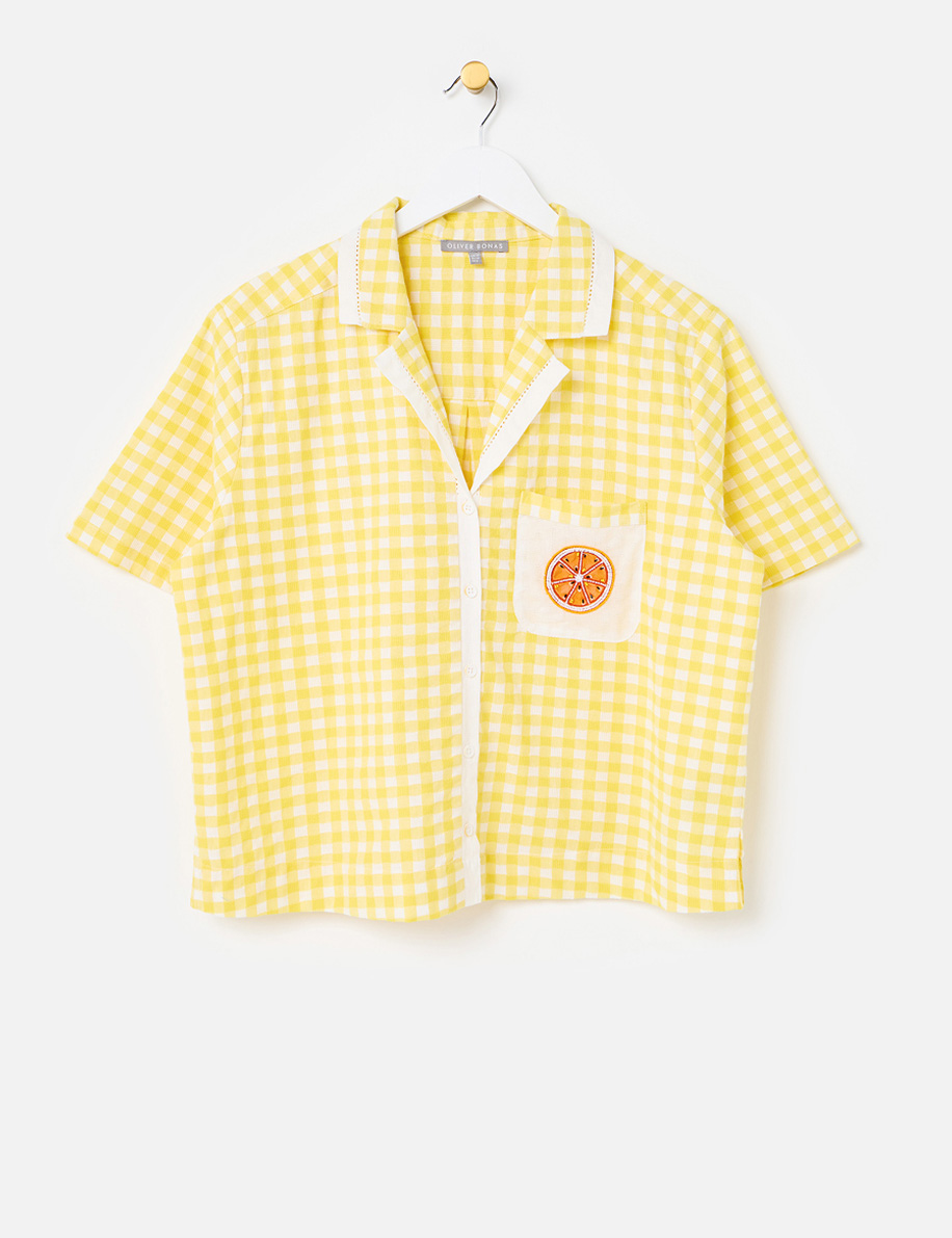 Yellow Gingham Orange Embroidered Short Sleeve Shirt