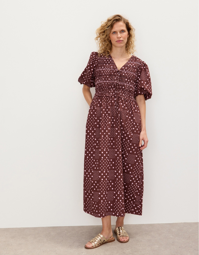 Chocolate Brown & Pink Polka Dot Puff Sleeve Midi Dress