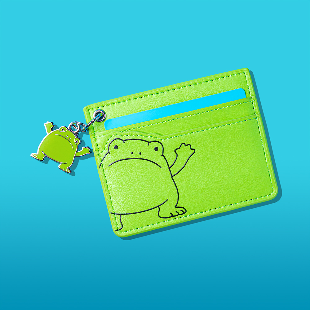 Bright green card holder featuring a Ricky Rain Frog on the left side, with a small Ricky Rain Frog keychain attached, set against a solid blue background.
