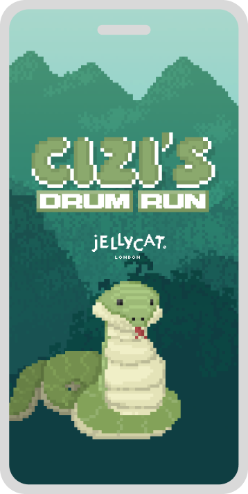 Screenshot of a pixel-art game screen titled 'Cizi's Drum Run', showing a cartoon Cizi Snake with green mountains in the background.