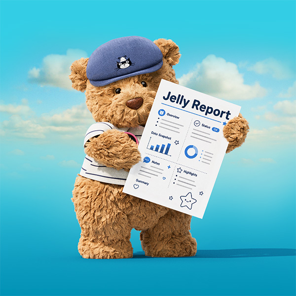 Bartholomew Bear, wearing a striped Polo shirt and blue flat cap, holds a Jelly Report, split into 4 categories with various data charts