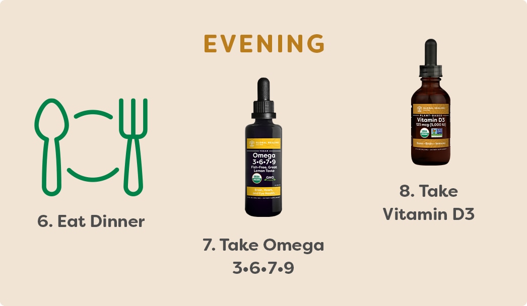 EVENING SN 6. Eat Dinner 7. Take Omega 3679 8. Take Vitamin D3 