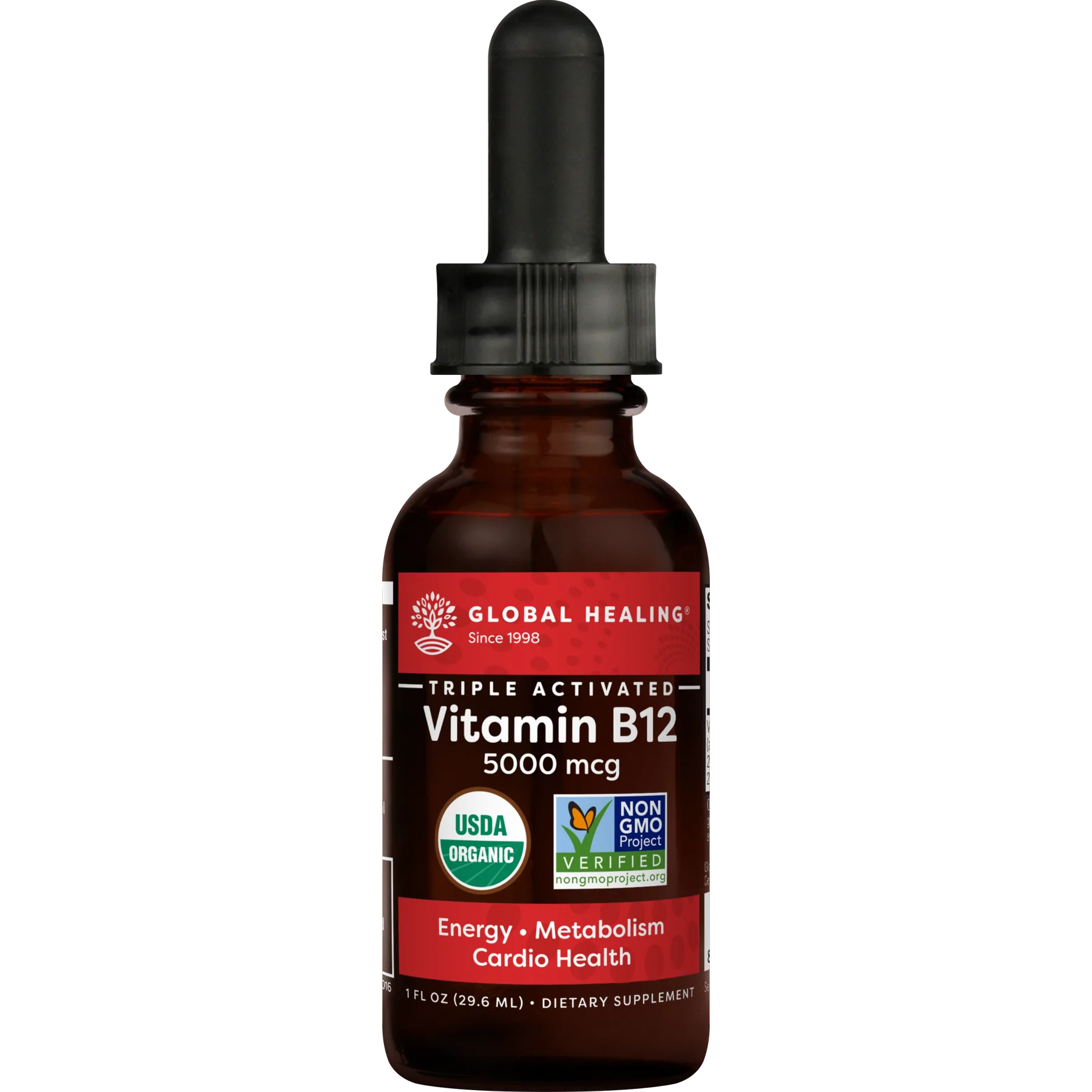 GLOBAL HEALING SR It TRIPLE ACTIVATED Vitamin B12 5000 mcg N DYel K Il VAN nongmoproject.org Energy Metabolism Cardio Health '5 b 'FL0Z 29.6 ML DIETARY SUPPLEMEN 