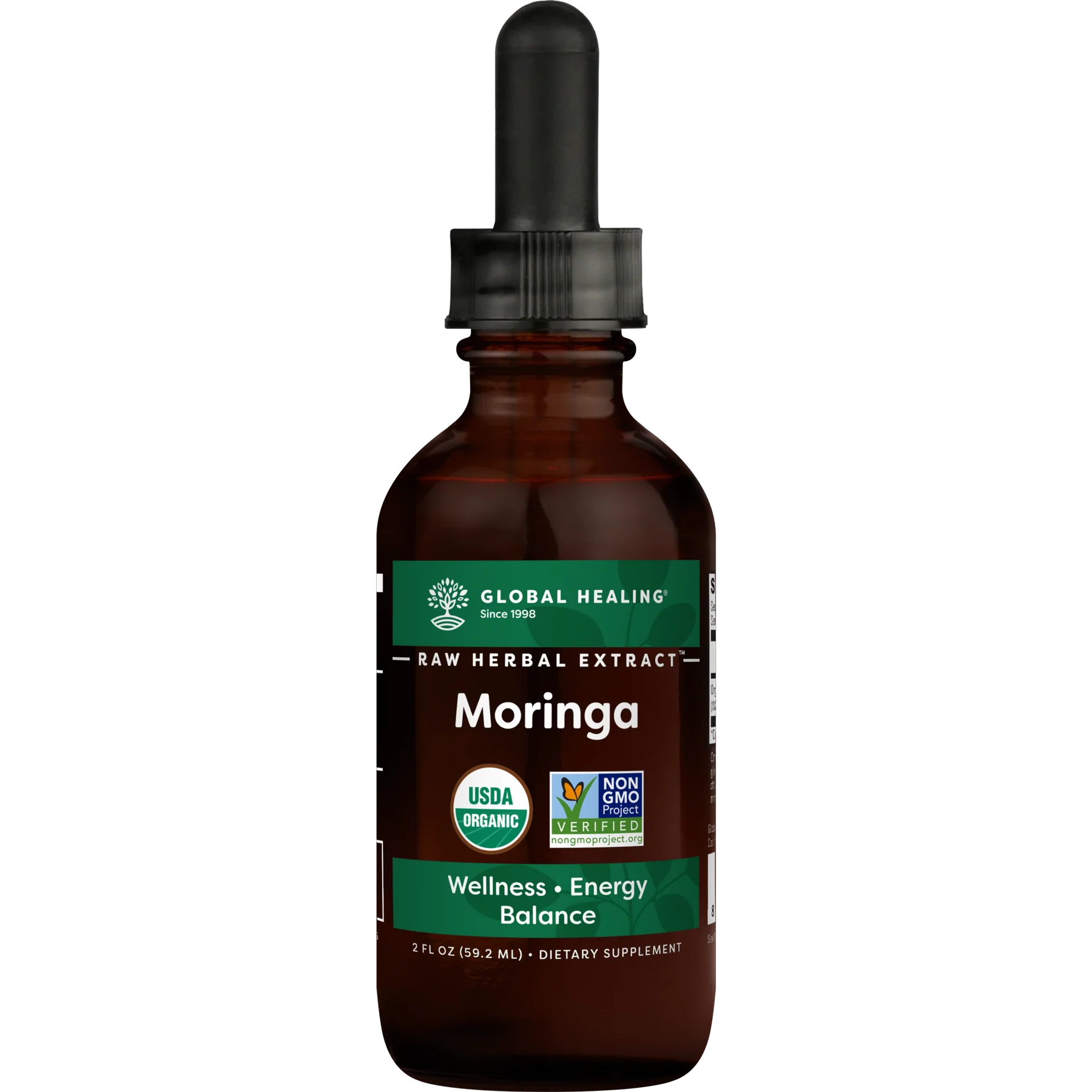 GLOBAL HEALING Since 1998 RAW HERBAL EXTRACT Moringa NON GMO - Project VERIFIED nongmoproject.org Wellness Energy Balance 2FLOZ 59.2 ML - DIETARY SUPPLEMENT 