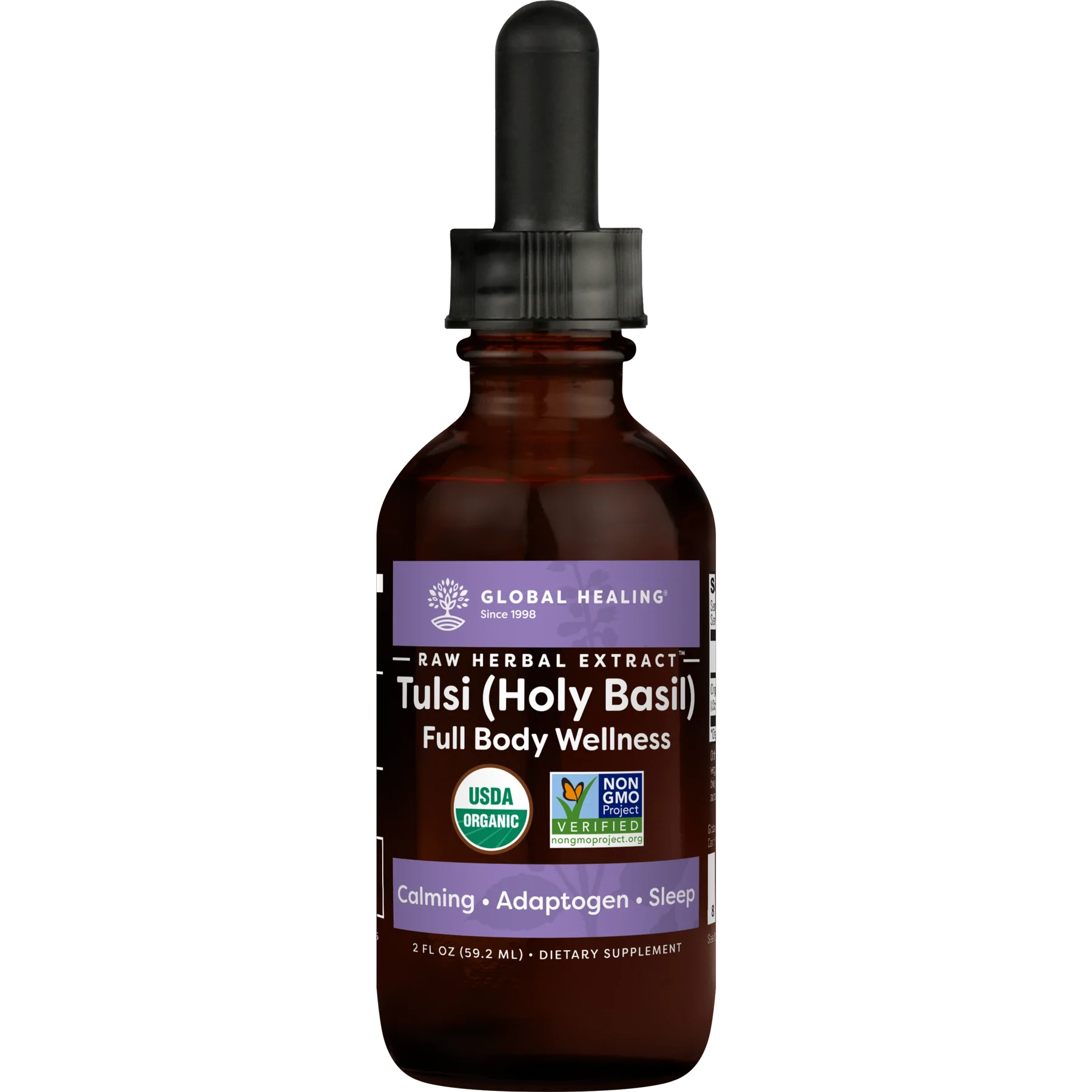 GLOBAL HEALING RAW HERBAL EXTRACT Tulsi Holy Baisil Full Body Wellness el s RV nongmoproject.org C0ming B Adqptogen R EEY 2FLOZ 59.2 ML DIETARY SUPPLEMENT 