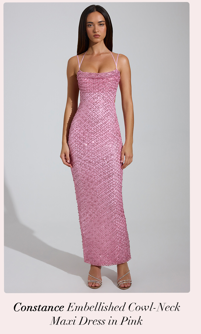 constance embellished cowl neck maxi dress in pink