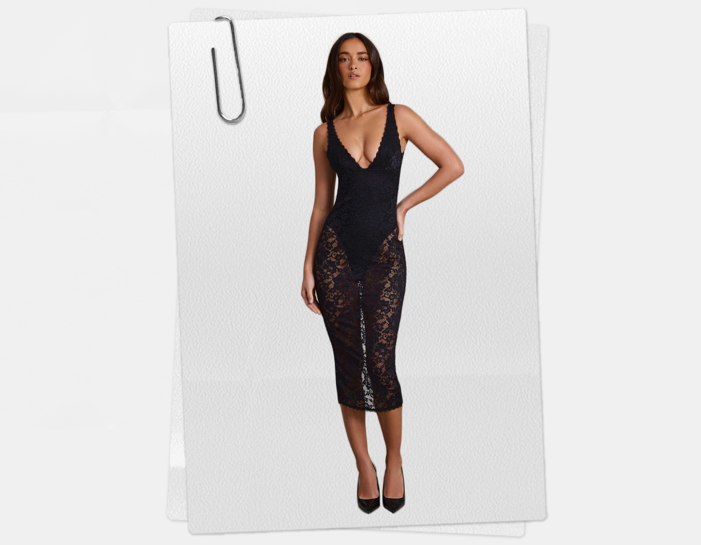 Lace Plunge Bodysuit Midaxi Dress in Black