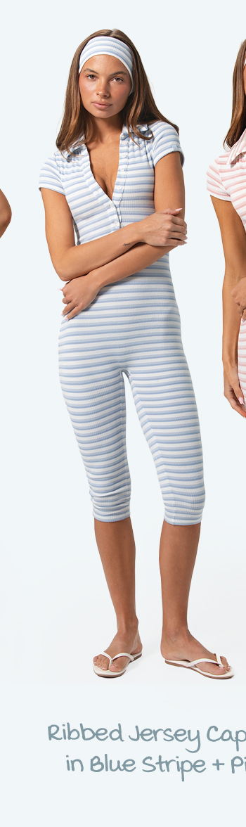 Ribbed Jersey Capri Jumpsuit in Blue Stripe