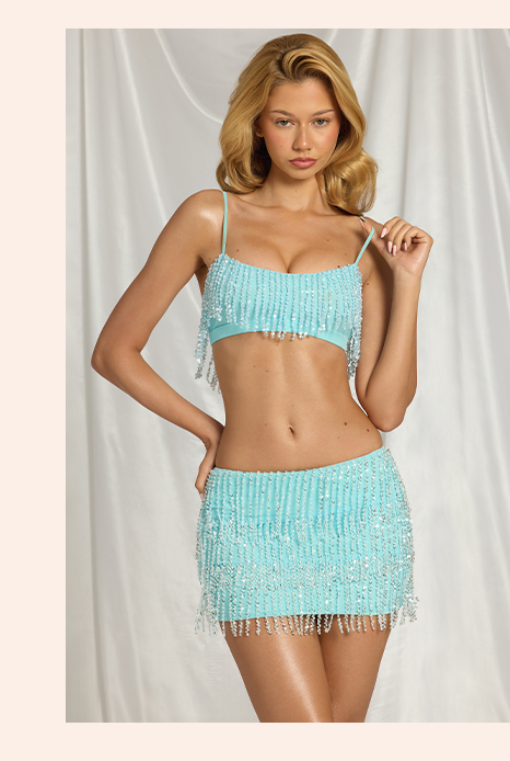 Aerin Fringed Mini Skirt in Aqua Blue