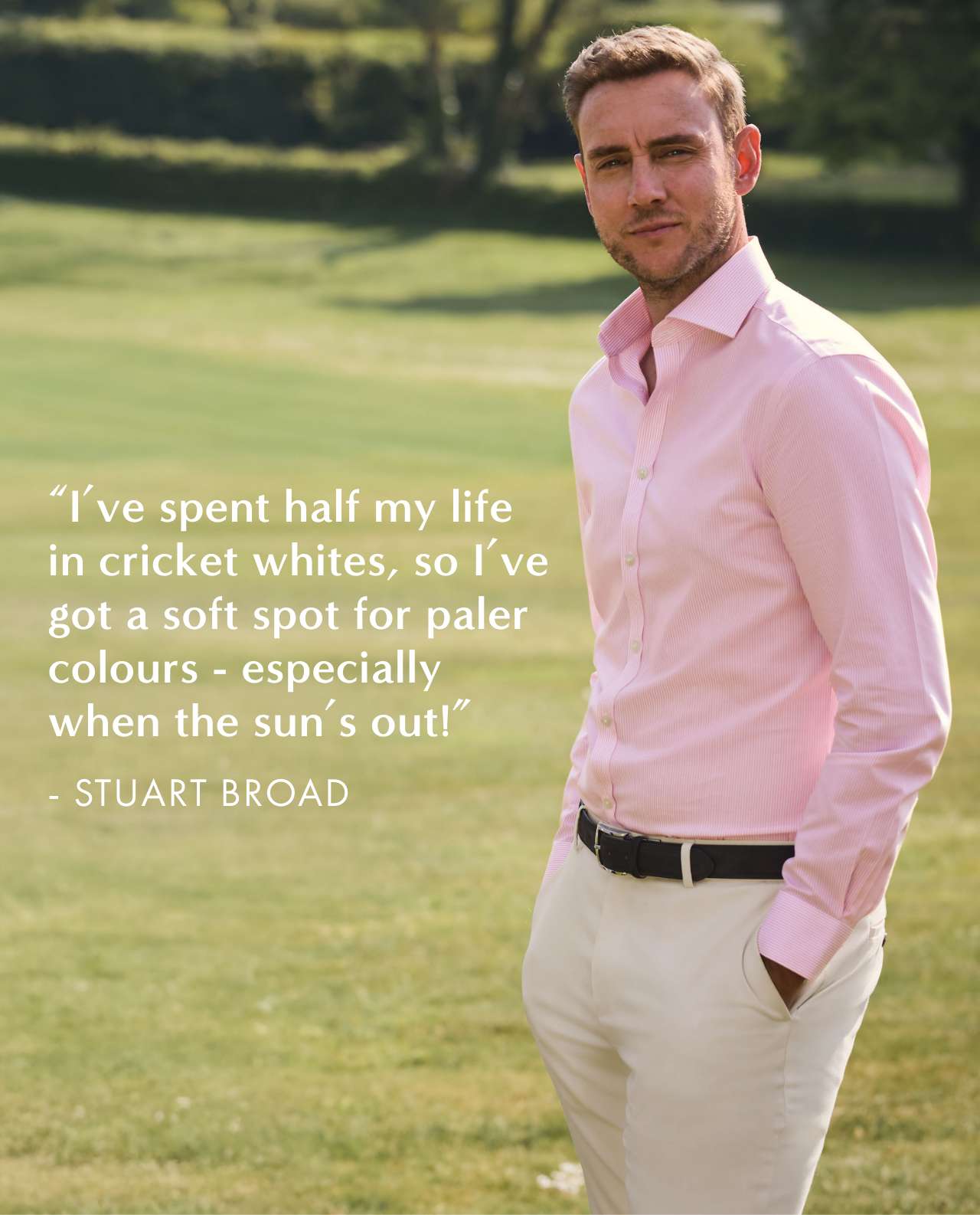 Stuart Broad wearing a pink Poplin Shirt