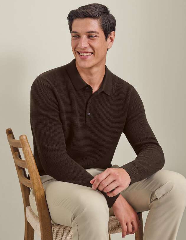 Long Sleeve Cotton Textured Knitted Polo - Chocolate Brown