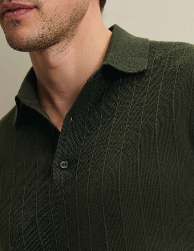 Cotton Stripe Textured Knitted Polo - Olive Green