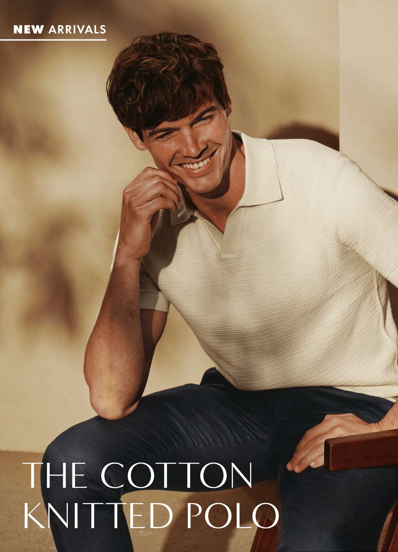 Cotton Texture Trophy Neck Knitted Polo – Cream