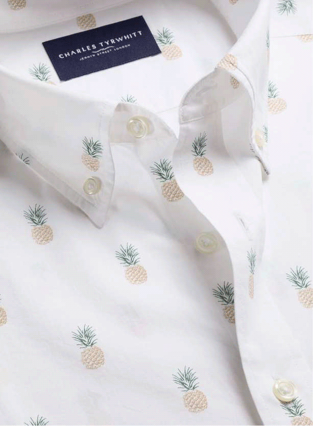 Kurzärmeliges vorgewaschenes Popeline-Hemd mit Stretch und Ananas-Motiv - Weiß