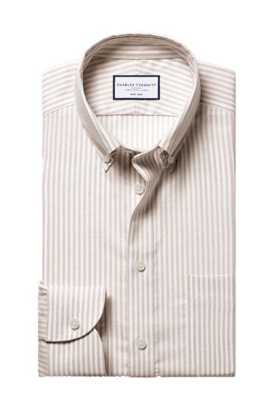 Bügelfreies Stretch-Oxfordhemd mit Streifen - Taupe