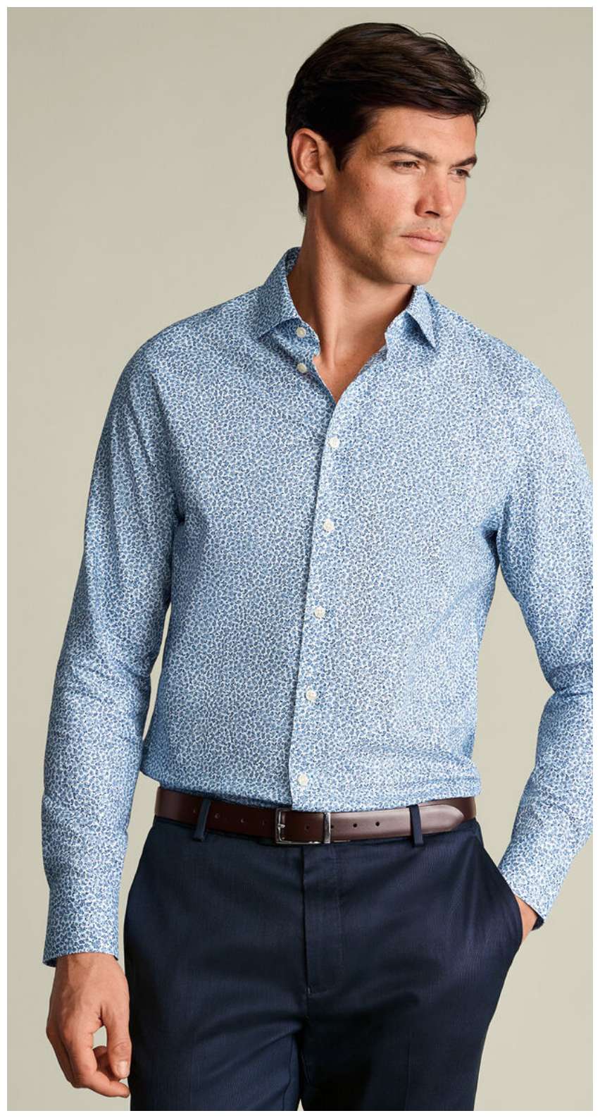 Non-Iron Stretch Floral Print Shirt – White & Sky Blue