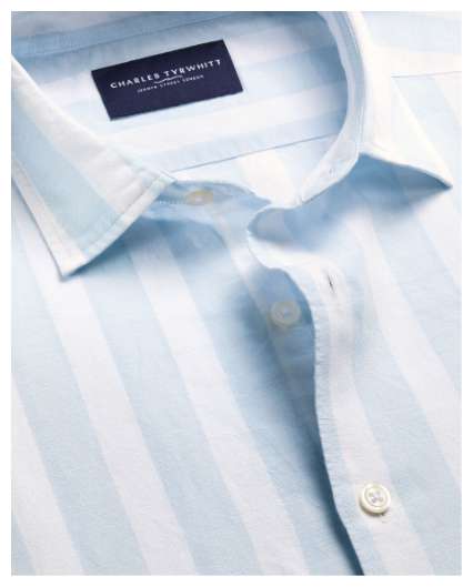 Short Sleeve Cotton Linen Stripe Shirt - Light Blue
