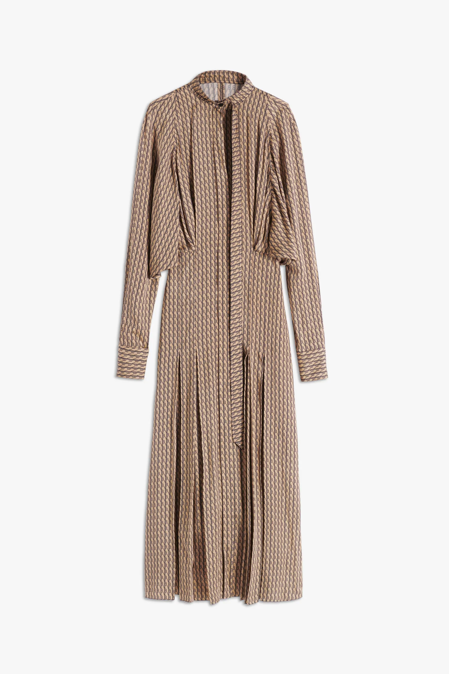 Long Sleeve Pleated Monogram Shirt Dress in Camel-Dark Navy