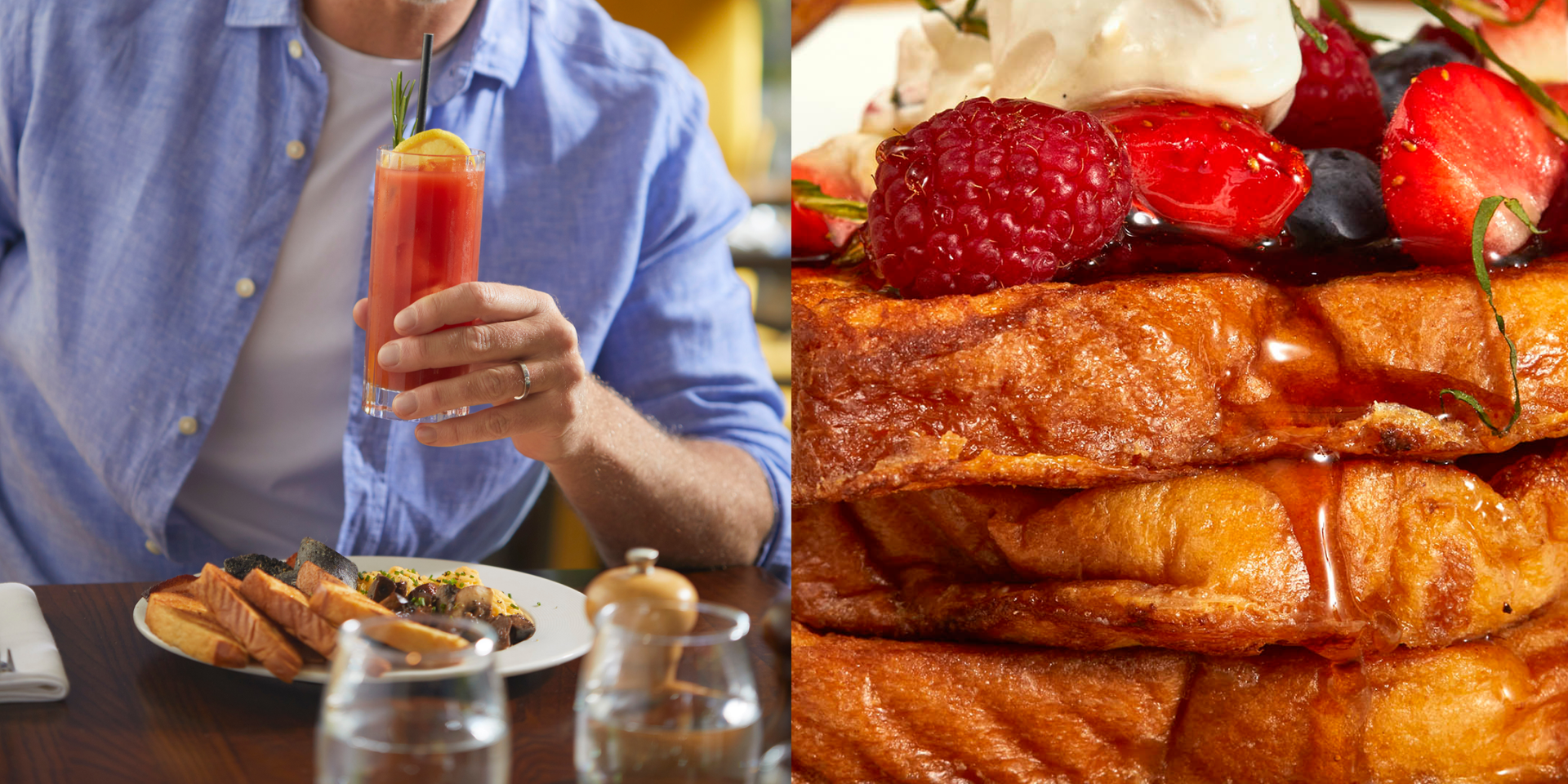 A man drinking a bloody mary and french toast