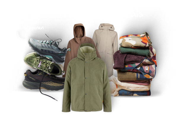 Collage met herfstproducten, waaronder wandelschoenen, jassen en fleeces, met de tekst ‘Ontdek alle herfstdeals’.