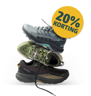 Drie wandelschoenen in verschillende kleuren met badge ‘20% korting’.