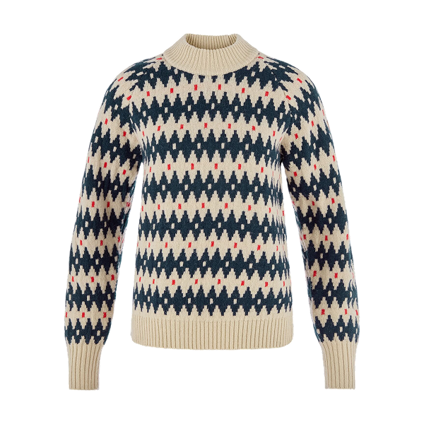 Gebreide sweater met beige basis en donkerblauw, wit en rood patroon.
