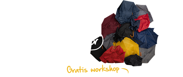 Een beeld van verschillende paraplu's. Hierin staat de tekst: Nondeplu! Atelier